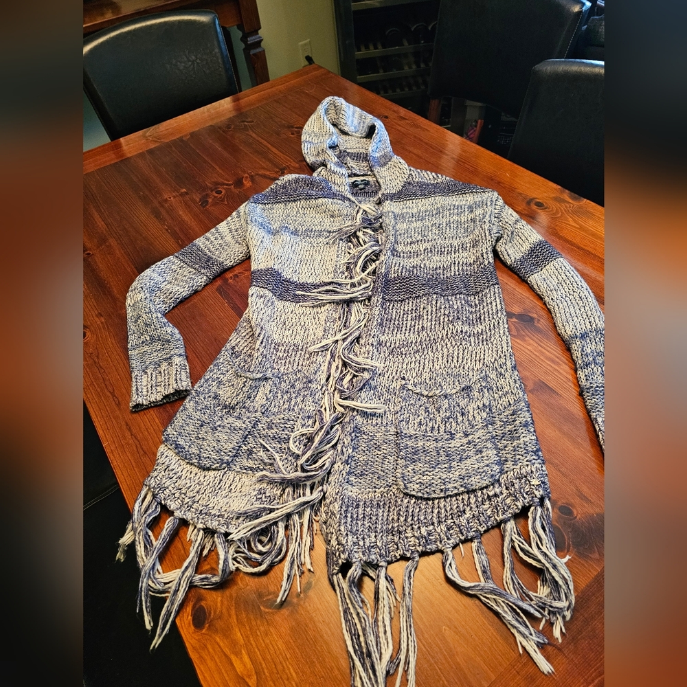 American Eagle Outfitters Boho fringe cardigan. Denim blues.‎ Size medium